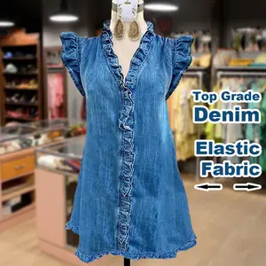 Cherrybetty Elegant V-Neck Ruffle Detailed Denim Dress Summer outfits Feminine Casual Comfy Retro Vintage Stylish Fashion Dress Womenswear Party Holiday Vacation summer outfits sundress women's dresses cute summer outfit