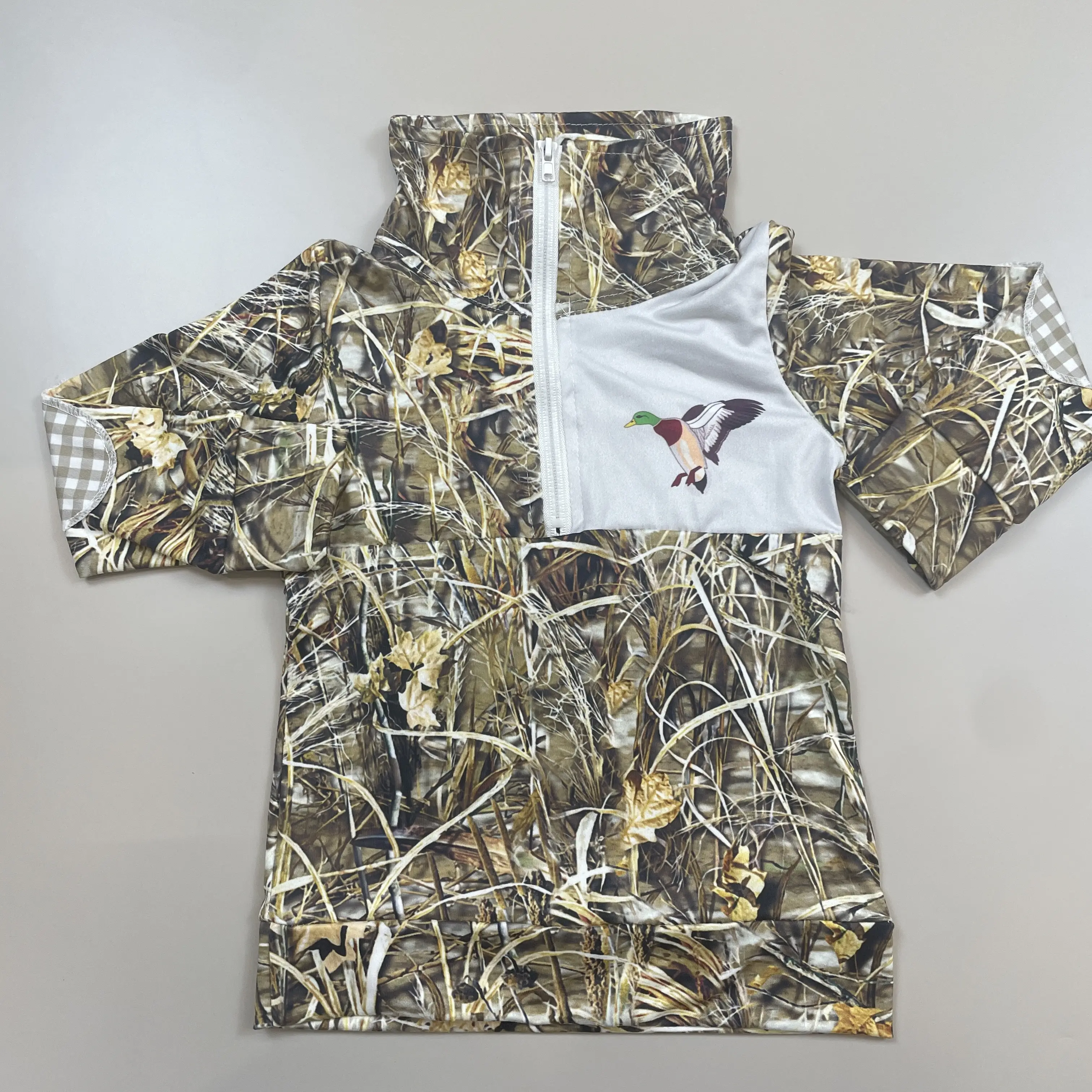 Kids Grassland Camo Half Zip Mallard Duck Pullover Top Hunting Clothes