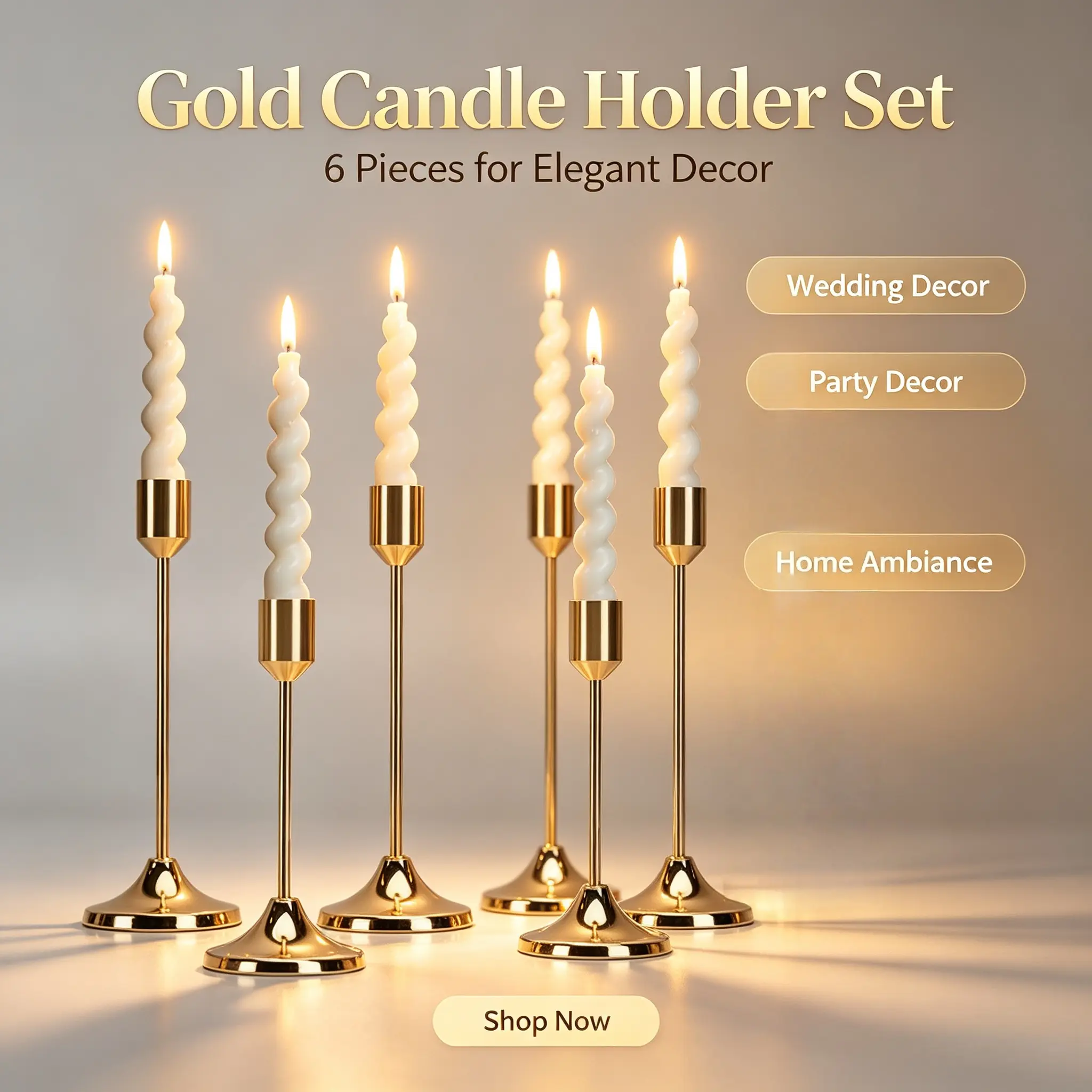 Gold Plated Metal Taper Candle Holders (3/6 Pcs) - Elegant Home Decor Table Centerpieces for Weddings, Ideal Birthday Gift, Candles Not Included, Gold Plated+3
