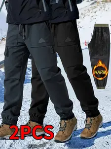 2 Pack Men's Autumn Winter Fleece Lined Warm Work Pants Outdoor Thickened Trousers Solid Color Windproof Design Suitable For Hiking Mountaineering Camping Fishing Hunting Snow Sports Riding And Work Or Leisure Vacation