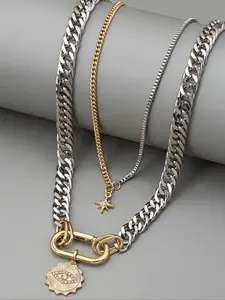 Metal simple two-color layer necklace, personalized exaggerated trendy eye pendant 2-layer stacking necklace for women, fashionable and versatile, suitable for daily wear during the back-to-school season , Dainty Layering Jewelry