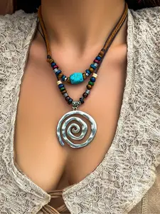 Layered Bohemian Beaded Necklace (turquoise & Spiral Pendant), Ethnic Fashion Accessory for Women, Daily & Festival Wear