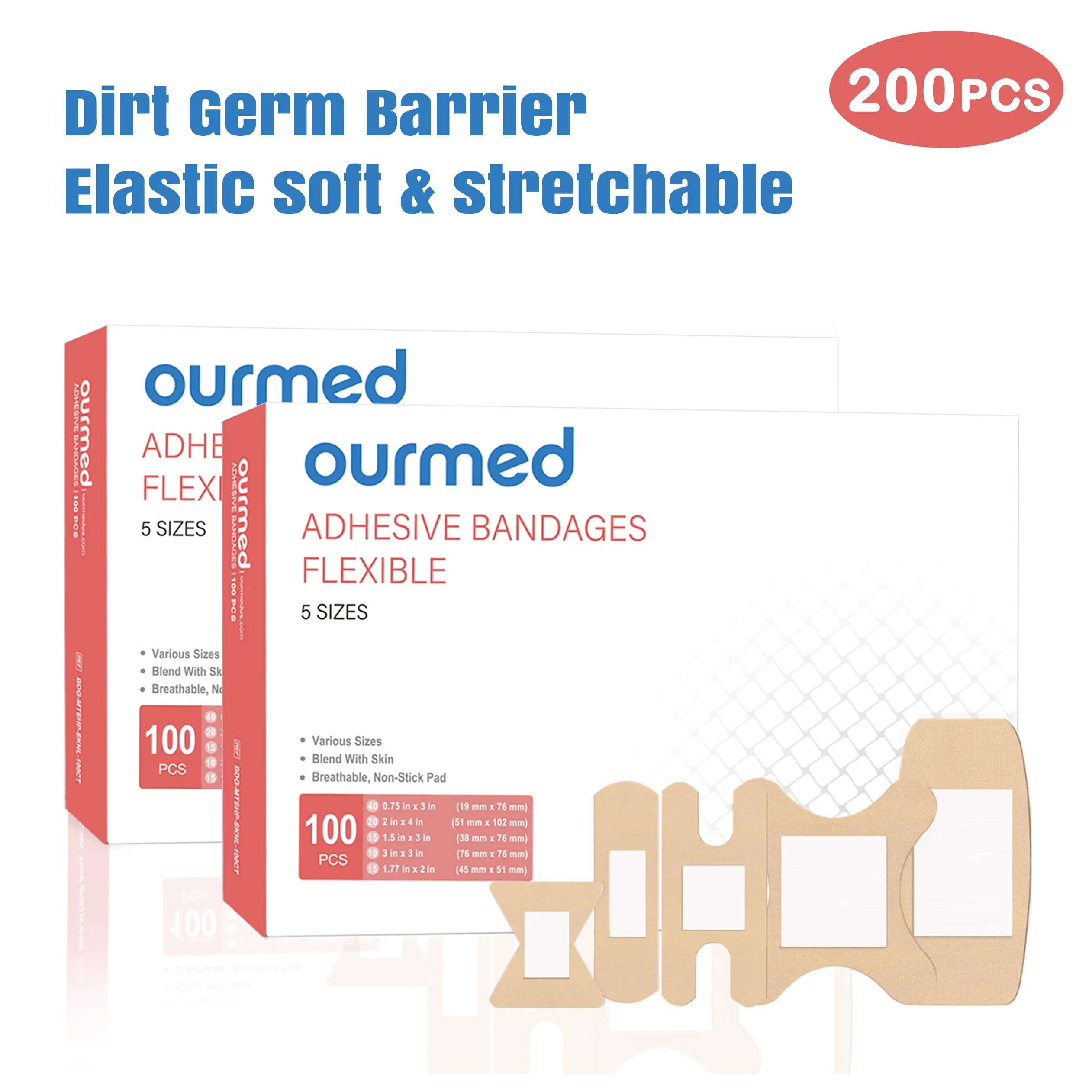 Ourmed Unisex Flexible Assorted Bandage Variety Pack (100/200 Pieces) - Non-Latex First Aid Bandages, Fingertip Coverage, Strong 24-Hour Hold for Slight Cuts, Scrapes, Abrasions