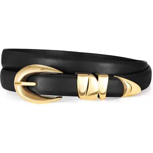 Women's Skinny Leather Belts Ladies Thin Waist Belts for Jeans Dress Pants Trendy Black Belt with Gold Buckle