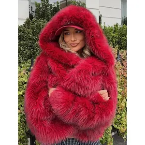 SIVORY STUDIO Women'S Elegant Red Faux Fur Coat with Hooded Collar & Plush Fleece Lining - Winter Warm Full-Length Jacket, Machine Washable Casual Outerwear, Relaxed H-Line Silhouette, Long Sleeves & Front Button Closure, Solid Color Luxury Coat for Fall/