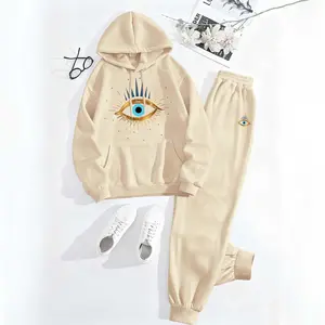 Women's Eyes Print Hoodie And Drawstring Track Pants Set, Casual Sportswear, Long-Sleeved Hooded Jacket And Pants, Suitable For Autumn And Winter, Everyday Wear, Indoor And Outdoor Sportswear, Casual Sportswear.