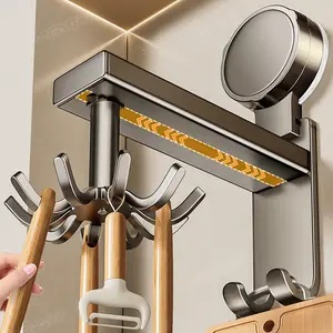 Aluminum Material Powerful Suction Cup Kitchen Rotating Hook Storage Rack No-Nail Wall-Mounted for Spatulas Spoons and Utensils