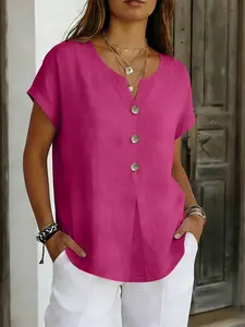 Women's Casual Versatile Slim Fit Short Sleeve Button Top, Pure Color Fitted Tee for Everyday Wear, Comfortable and Stylish Ladies' Clothing