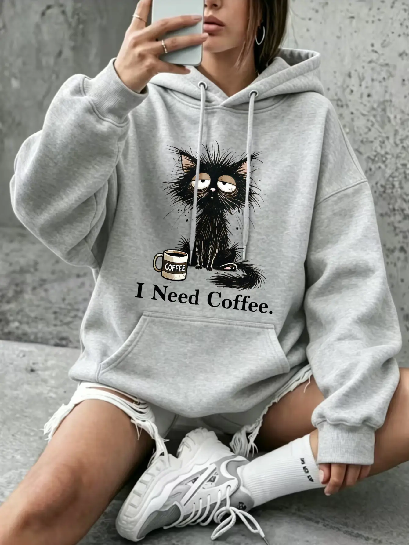 Women’s oversized fleece-lined hooded pullover sweatshirt top, black cat graphic, drawstring, cute quirky print, ideal for Halloween, coffee lovers, sweatshirts, tops