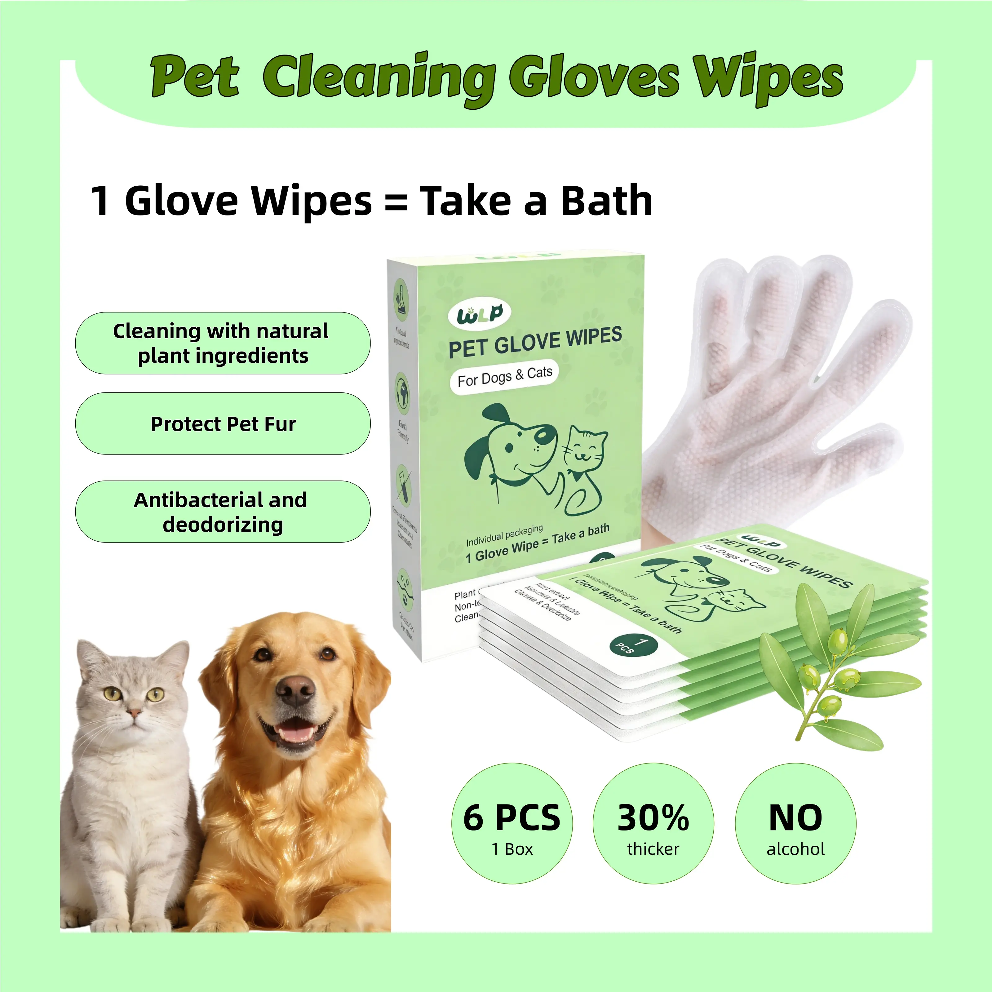 WLP Pet Glove Wipes for Dogs & Cats, Rinse-Free Dry Bath Towel, Cleansing, Deodorizing, Moisturizing, Hypoallergenic, Grooming Pet Wipes Cleaner
