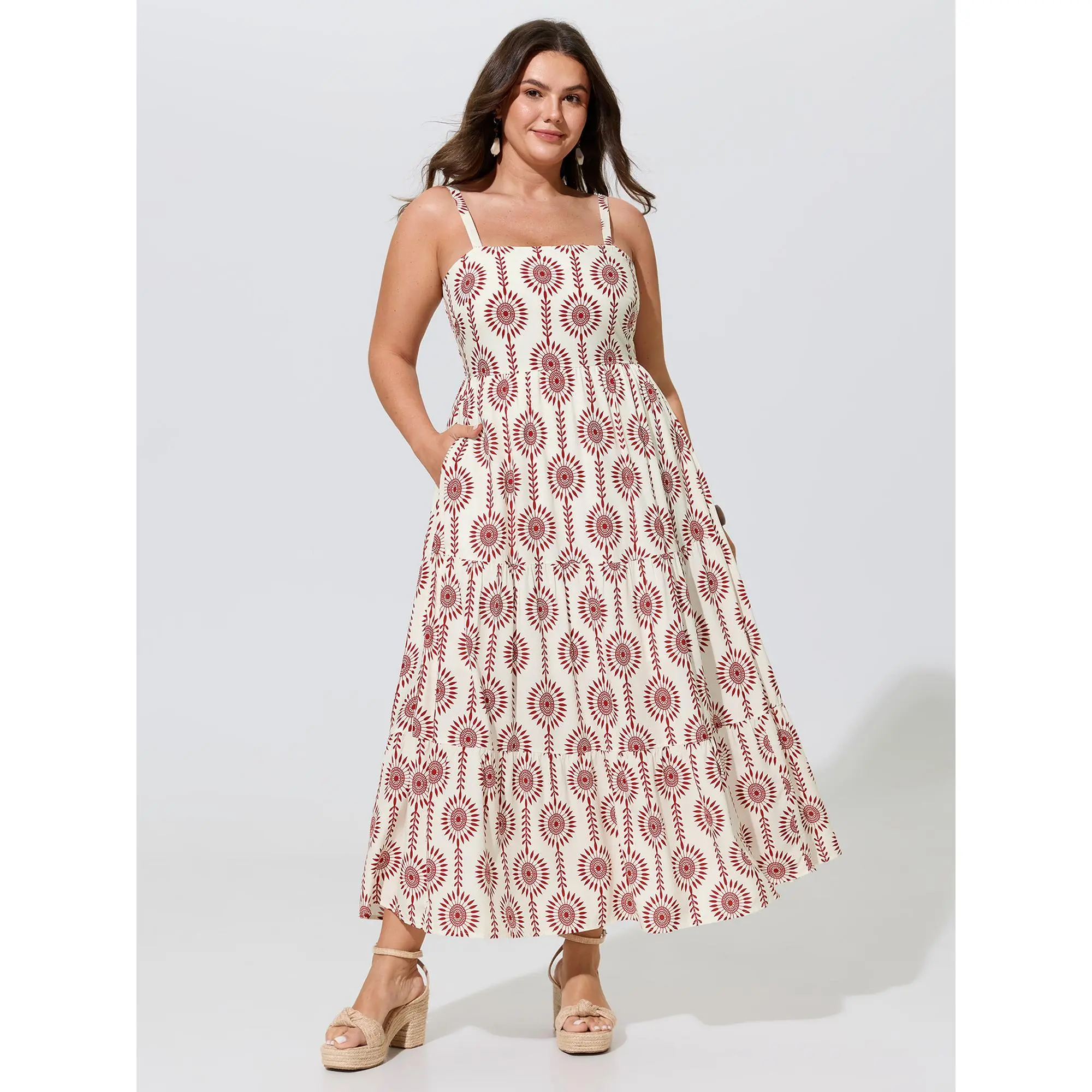 BLOOMCHIC Plus Size Geometric Print Tiered Sleeveless Maxi Dress [M-6X] 2026 Spotlight, Deals For You Days,Summerfinds,Women, Polyester, Smooth, Garment, Bohemian, Casual, Fabric, Fit, Pocket, Rayon, Plus Size Clothes, Maxi Dress For Women, Curvy Dresses