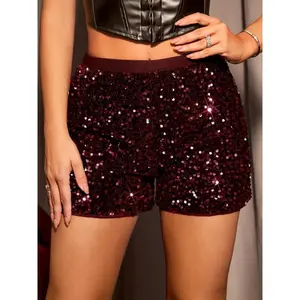 Sequin Decor Straight Leg Shorts, Casual High Waist Shorts, Women's Clothing