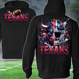 Texans Strong Bufallow Football 2 Sided Hoodie, Football Player Sweatshirt, Sports Apparel, Red & Navy Helmet Pullover Classic T-shirt, Graphic Printed Streetwear Top, 100% Cotton, Gift For Fans