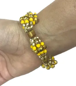 Oshun Idé Bracelet - Elastic Luxury Mazo Ildé with Crown Charm and Crystal Beads - Santeria, Yoruba and Lucumi Religious Jewelry - Yellow and Gold Color