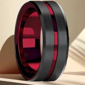 Black Brushed Stainless Steel Ring, Comfort Fit For Men As A Delicate Style Of Red Wedding