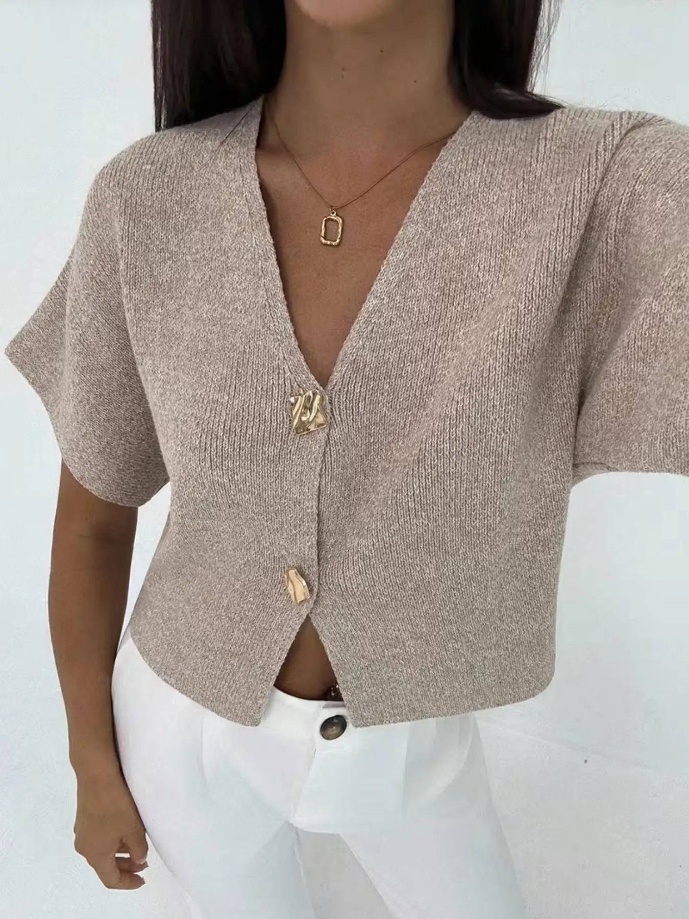 Women's Short Sleeve Knit Sweater Cardigan, V Neck Metal Button Closure, Fitted Waist, French Vintage Chic Style, Spring Summer Casual Outerwear Knitwear