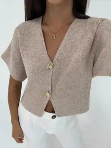 Women's Short Sleeve Knit Sweater, V Neck Metal Button Closure, Fitted Waist, French Vintage Style, Spring Summer Casual Outerwear