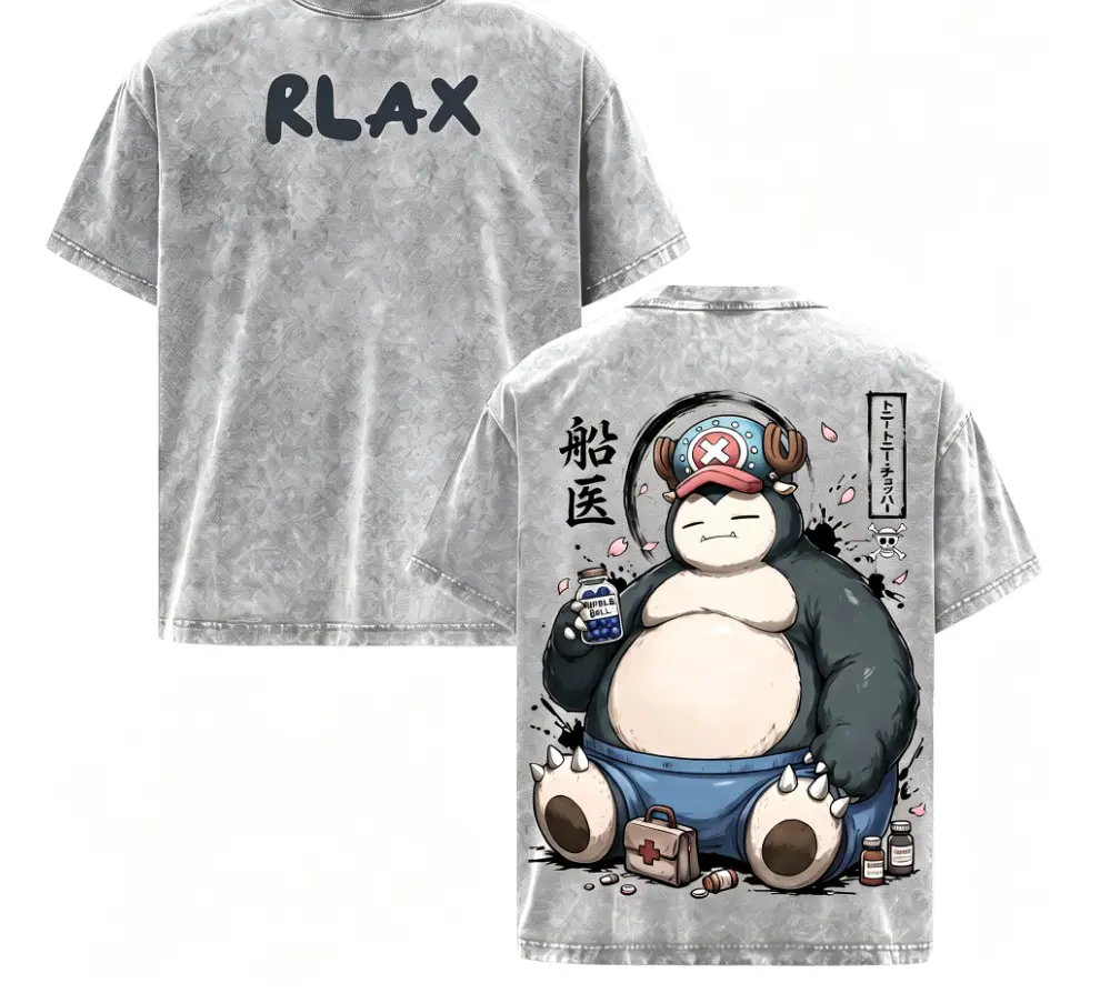 Vintage Graphic Tees - Snorlax Mashup Anime s, Loose-Fitting Oversized Double-Sided Heavyweight Cotton T-Shirt, Machine Washable Casual Top for Anime Fans, Retro round neck casual t-shirt loose fit crewneck wash loose fit vintage cotton retro staind