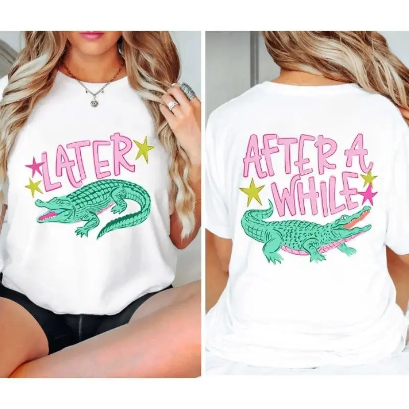 Preppy Streetwear T-shirt with Double-Sided Crocodile Graphic, Casual Oversized Round Neck Short Sleeve Top, Tshirt, Casual Wear, Breathable Fabric, Bright Colors, Shortsleeve, Black, Colorful Style, Crew Neck, Loose-Fitting, Machine Washable