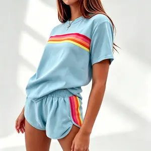 Women's 2-Piece Striped Polyester Tracksuit - Short-Sleeved, Embroidered, Stretchy, Skin-Friendly, Breathable, Lightweight, Soft Essential Colorful Casual Summer Women's Clothes Outfit for Daily Wear, Vacation