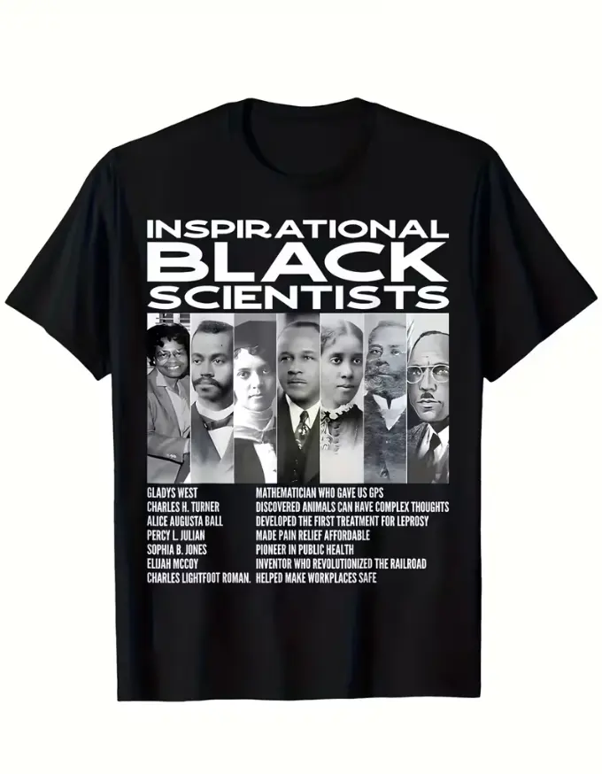 T-Shirt Featuring Inspirational Black Scientists, Perfect for Everyone. This Lightweight And Breathable Crew Neck Tee Is a Popular Choice, Machine Washable, And Designed for Comfort with a Regular Fit And Short Sleeves