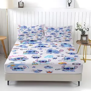 Stitch Meme Fitted Sheet Set (3-Piece, 1 Fitted Sheet + 2 Pillowcases), Cute Cartoon Print, Soft Bedding, Decorative Bed Sheet Sets, Perfect for Kids' Bedroom Decor, Ideal Gift for Stitch Fans