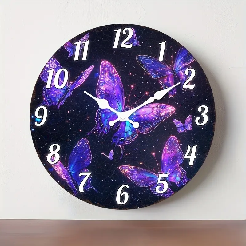 1pc Space Butterfly Wall Clock - acrylic, round design, featuring vibrant purple and blue butterflies and stars, perfect for living room, kitchen, office, or guest room, decorative wall clock| Starry Sky Theme| Durable acrylic frame, decorate