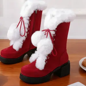 Perfect Christmas Gift     plaid Red Fur Boots for Women |     Fashion Santa Claus Winter Shoes