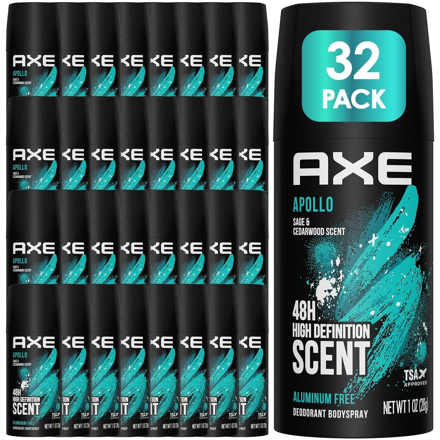 AXE Apollo Deodorant Bodyspray for Men, 48H Long-Lasting Sweat Protection, Aluminum-Free, 4 oz Cans, 32-Count Bulk Pack, Spray Can, 150Ml