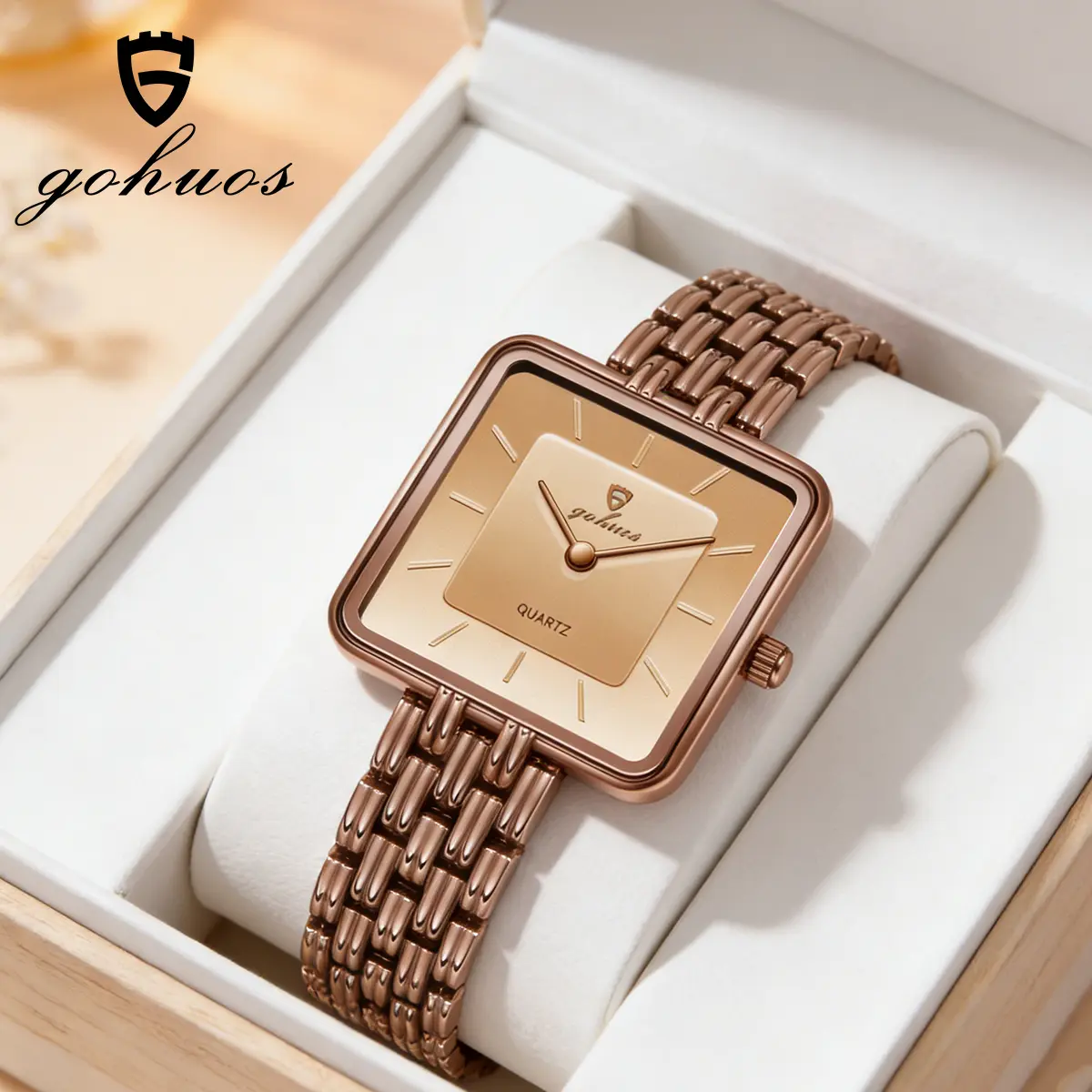 GOHUOS Fashion Elegant Women Watch Gold Square Dial Coffee Brown Link Strap Luxury Quartz Watch Stainless Steel Fashion Wristwatch
