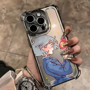 H-Howl's Cute girl Sophies and flame Calcifers Film Case for iPhone 17 PRO MAX and iPhone 16 15 14 13 12 11 PRO MAX PLUS and iPhone 16E 17 AIR Series Transparent Anti-Fall Mobile Phone Case Soft Back Cover