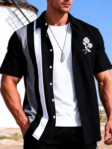 Men's Cozy Home Wear Shirt, Black Grey Color Block & Rose Print, Lightweight Skin-Friendly Fabric, Ideal for Indoor Relaxation, Home Office & Daily Rest, Top, Collared Shirts