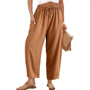 Womens Cotton Linen Pants Casual Loose Flowy Wide Leg Palazzo Harem Pants Drawstring Elastic Waist Lounge Trousers