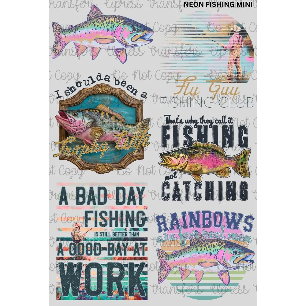 Neon Fishing Mini DTF Transfer Gang Sheet 24.5" wide x 36" long. Direct To Film Mini Gang Sheet