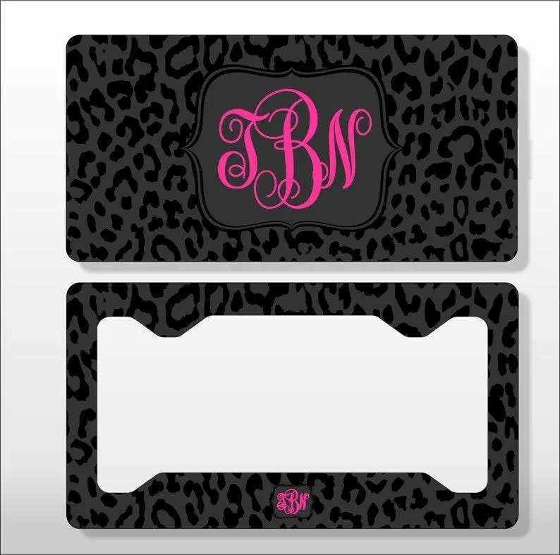 Personalized Monogram License Plate Black and Black Leopard - Licence Tag - Custom License Frame Car Tag Vanity Car Plate