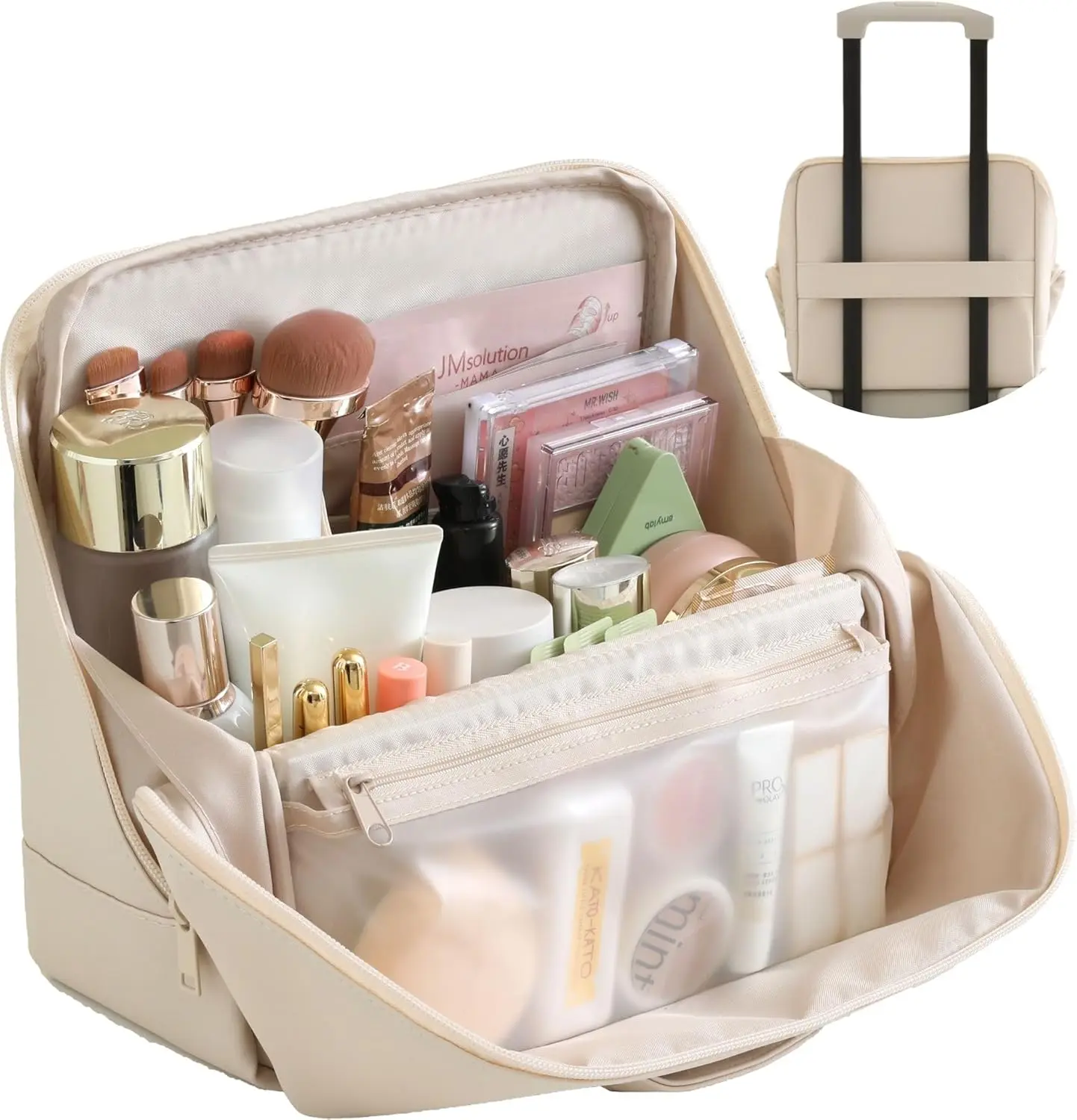 Clean Girl Makeup Bag with Luggage Strap, Waterproof Travel Cosmetic Organizer for Toiletries & Skincare