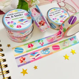 Cozy Books Washi Tape - Cottage Stationery, Tea, Coffee, Latte, Mushrooms, Flowers