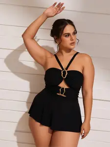 2026 Viral Plus Size Black Swimdress | Halter Neck Cutout Gold Ring Detail Two Piece Swimsuit with Skirt for Beach Vacation