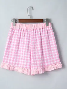 Ruffle Hem Gingham Shorts for Women - Casual Summer Lounge Bottoms with Lace Tie