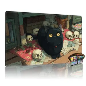 Halloween Black Cat & Skulls MTG Playmat 12x24inch, Non-Slip Rubber Backing, Perfect for TCG MTG Card Games, Ideal for Family Gatherings and Gift Giving