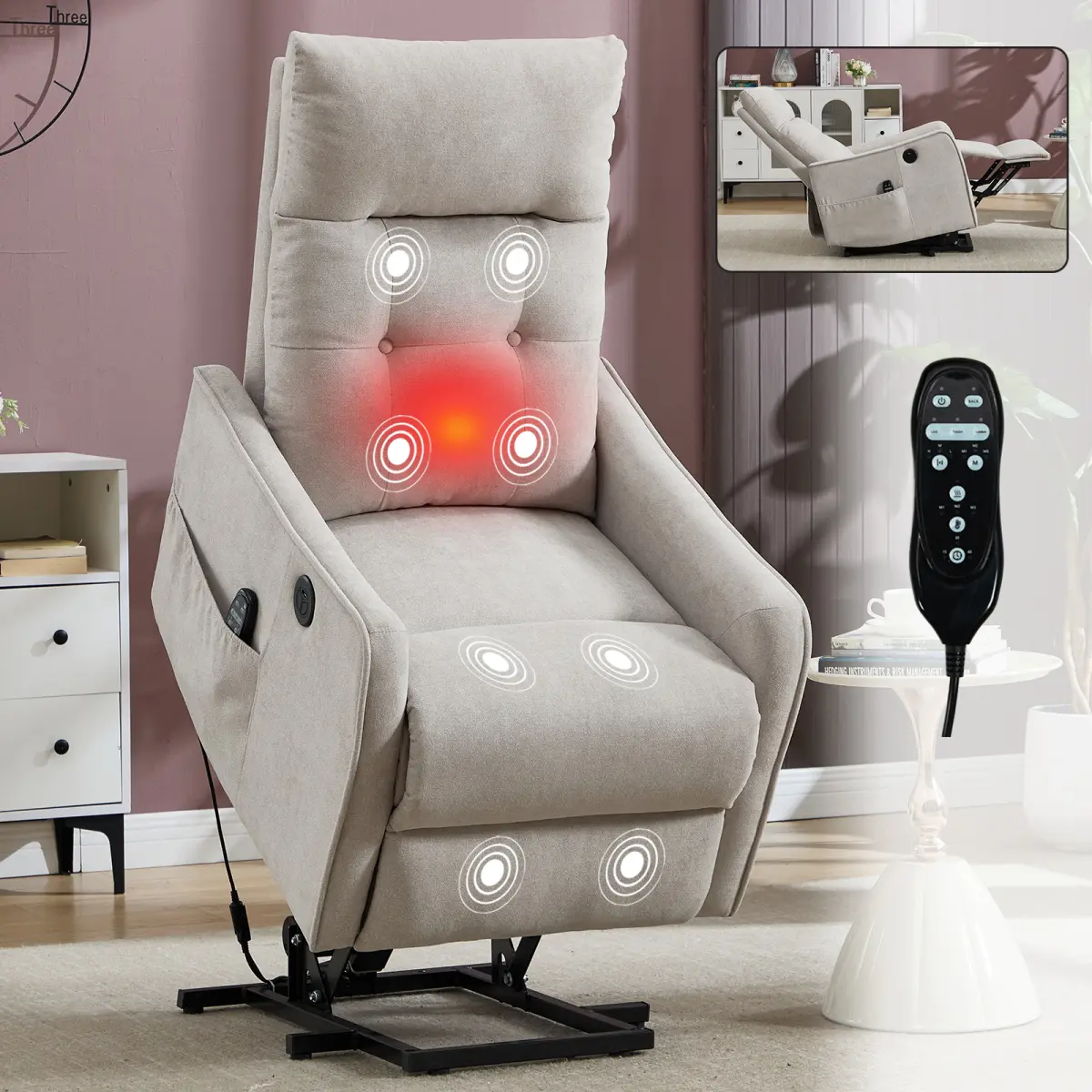 Power Lift Recliner Chair with Vibration Massage and Heat for Petite Elderly, Chenille Small Lift Chair with Side Pocket Remote Control, Infinite Position