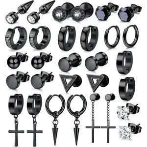 15Pairs Mens Earrings - Stainless Steel Silver Black Stud, Zirconia Hoop & Dangle Earrings Set - Hypoallergenic for Men & Women