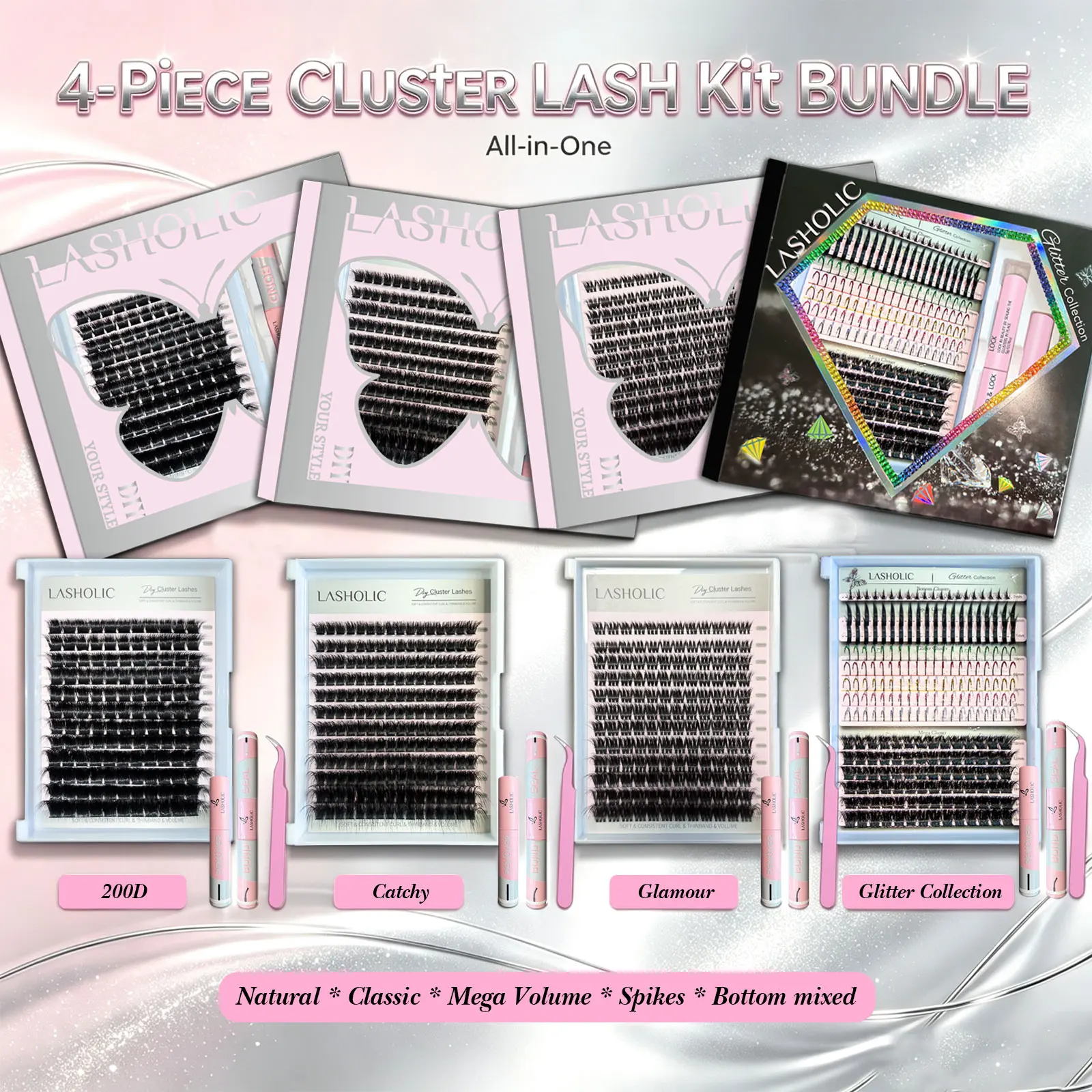 Fluffy Makeup Lash Clusters Kit, 4-Pack D-Curl 10-18mm PBT Fiber Glue-On Wispy Mega Volume Glitter False Eyelashes with Bond, Seal, Remover, Tweezer