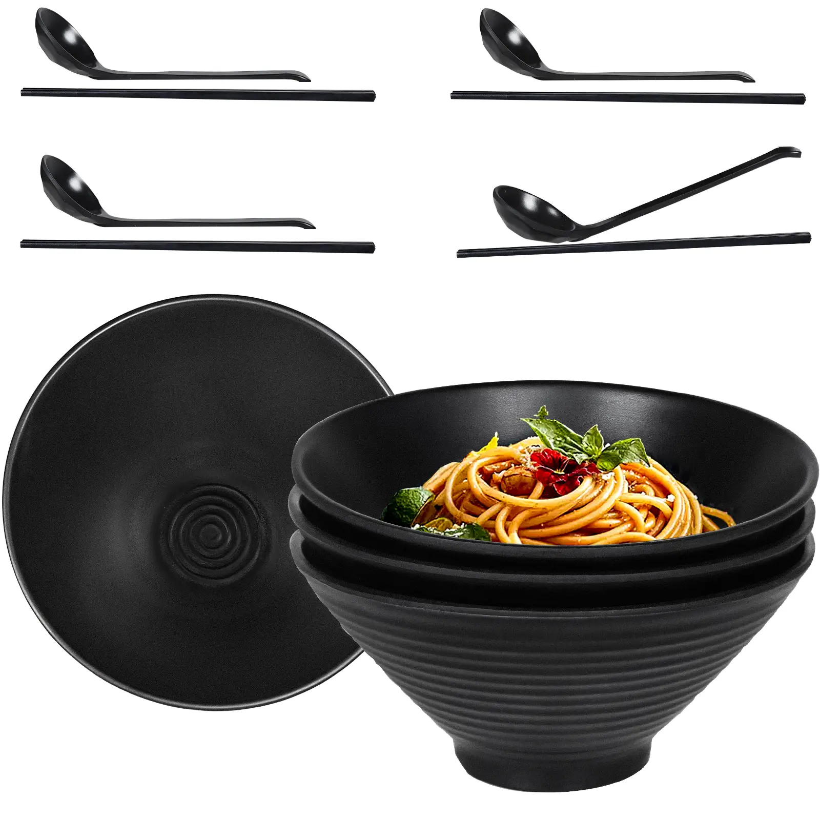 Greentainer Set of 4 Ramen Bowl Set, Melamine Large Japanese Style Noodle Soup Bowls Set with Spoons and Chopsticks for Ramen, Pho, Noodles, Asian Dishes Black,Large Bowl for Adults| Dishwasher Safe mothers day gift