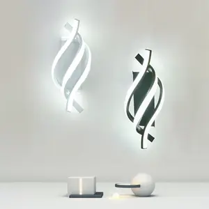 One modern LED wall lamp with a spiral design, featuring black/white aluminum frame and white/tri-color light. Suitable for indoor lighting in living rooms, bedrooms, and bedside tables. Hardwired connection and controllable via switch.