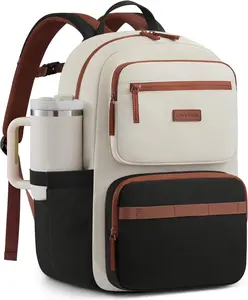 LOVEVOOK Laptop Backpack for Women, School Backpack for Teen Girls with Large Cup Holder, Lightweight Bookbag for College,Work,Travel fits 15.6 Inch Laptop,Beige-Black-Brown