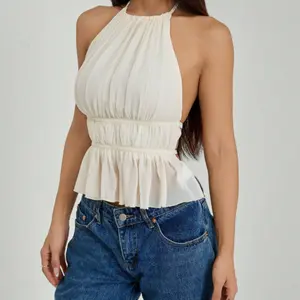 Women’s Pleated Halter Top – Backless Tie Back Slim Fit Cami, Chic Going Out Outfit