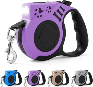 "Purple 16FT Retractable Dog Leash with USB Rechargeable Night Light"