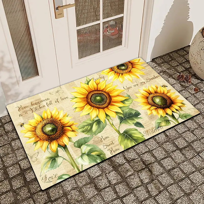1pc Retro Sunflower Printed Flower Rug Door Mat Flax Surface Diatomaceous Earth Non-Slip Water-Absorbing Entrance Door Mat Indoor Outdoor Printed Bath Room Holiday Home Decor
