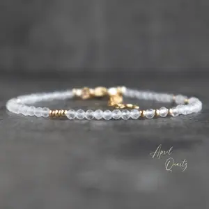 Natural Clear Quartz Stone Bracelet 3mm Clear Crystal Dainty Bracelet Delicate Faceted Gemstone Beaded Bracelet Anklet Minimalist Style for Women Handmade Adjustable
